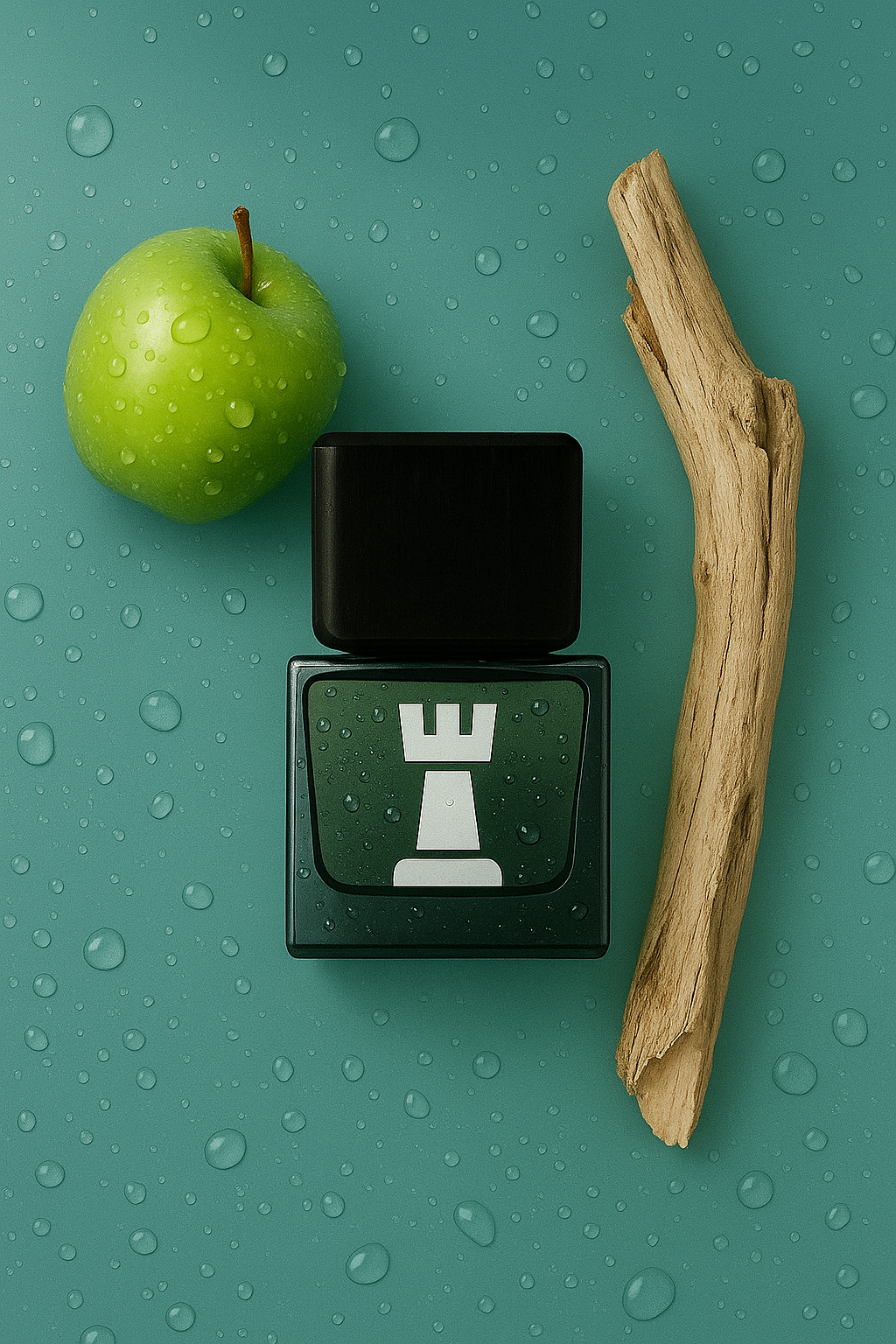 bottle with chess piece design, green apple, and wooden branch on a green background